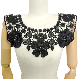 Close-up of black 3D floral embroidered lace collar for DIY clothing accessories.