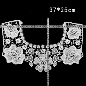 Detailed close-up of white floral embroidered lace collar applique, size 37x25cm