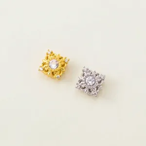 925 Sterling Silver Square Spacer Beads Hollow Out Rhinestone Inlaid Gold Silver Plated Jewelry Making DIY Accessories