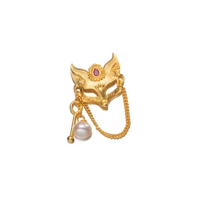 Colgante de máscara de zorro en plata 925 bañada en oro con perla para pulseras DIY