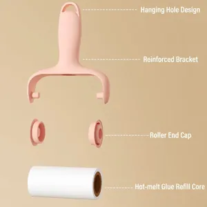 Portable lint roller exploded view showing ergonomic pink handle and adhesive refill core