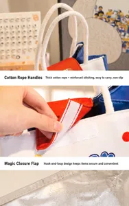 Detailed view of thick cotton rope handle and velcro closure on insulated lunch bag