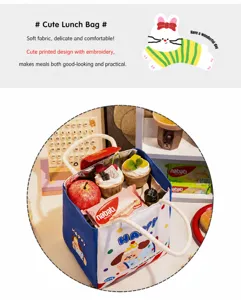 Detail view of a cute portable insulated lunch bag filled with food and snacks for office