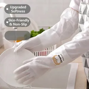 Μακριά Αδιάβροχα Γάντια Κουζίνας για Πλύσιμο Πιάτων Θερμική Επένδυση Λούτρινη Γάντια PVC Οικιακού Καθαρισμού Αντιολισθητικά Εκτεταμένη Μανσέτα Λευκό Σχέδιο Σκύλου Κινουμένων Σχεδίων