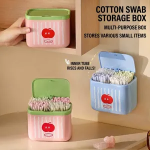 Wall Mounted Lift Cotton Swab Storage Box Desktop Small Jewelry Floss Organizer Bathroom Dustproof Plastic Box With Lid