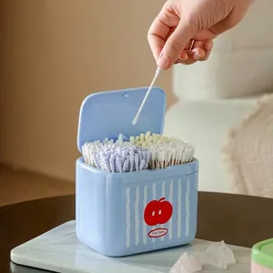 Blue desktop storage box for cotton swabs with apple pattern