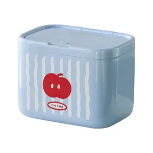Light blue mini storage box with cute apple pattern for cotton swabs and jewelry