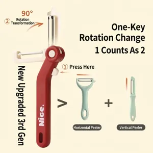 Multifunctional 3-in-1 rotatable stainless steel vegetable and fruit peeler in red.