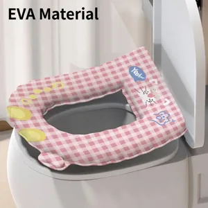 Pink checkered cartoon EVA toilet seat cover with cute cat pattern and waterproof finish