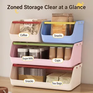 Colorful stackable large-capacity storage bins for snacks, tea, and desktop organization