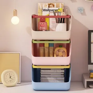 Three-tier stackable desktop storage bins for organizing cosmetics and stationery