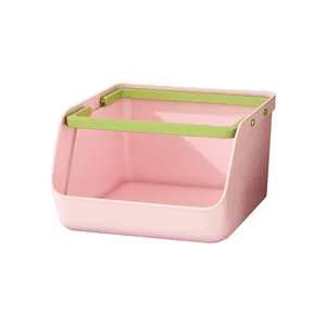Dopamine pink stackable plastic storage bin with green handle for home desktop organization