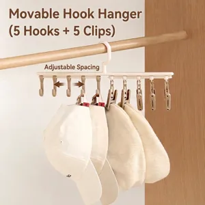Multifunctional Rotatable Mobile Hanger With 5 Hooks And 5 Clips Anti-slip Drying Rack For Socks Hats Ties Clothes Organizer Closet Space Saving ABS PP