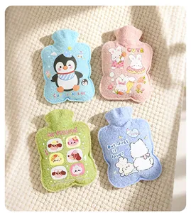 Four different pastel cartoon plush hot water bottles arranged on a textured white fabric
