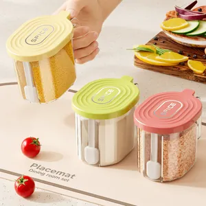Large Capacity Transparent PET Condiment Pot With Spoon Moisture-Proof Seasoning Box Household Salt Pepper Storage Jar One-Hand Opening