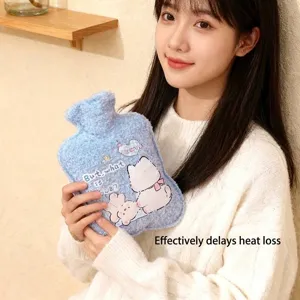 Portable cute light blue plush cartoon hot water bottle for hand and belly warming