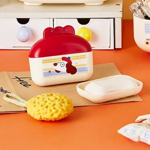 Creative portable soap box with cute dog illustration and drainage lid for travel use