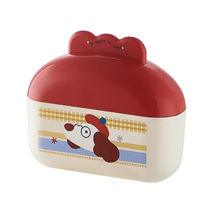 Portable cute cartoon travel soap box with a sealed red lid and dog illustration detail