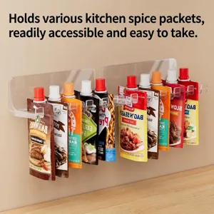 Transparent wall-mounted spice packet rack for organized kitchen condiment storage