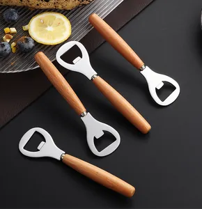 Set of stainless steel bottle openers with ergonomic wooden handles for various beverages