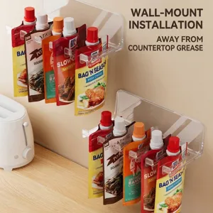 Clear acrylic wall-mounted kitchen rack for sauce packets and spice pouches
