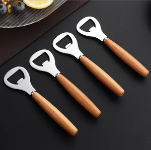 Set of four bottle openers with durable wooden handles and stainless steel heads