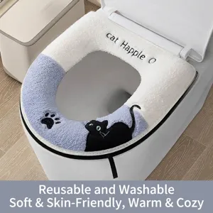 Warm Verdicktes Plüsch Toilettensitzkissen Reißverschluss Waschbar Cartoon Katze Wasserdicht Weicher Baumwollsamt Bezug
