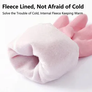 Durable pink rubber cleaning gloves with soft white fleece lining for winter warmth