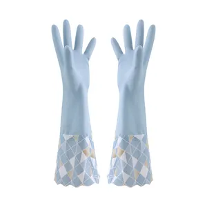 Light blue waterproof household cleaning gloves with geometric patterned long cuffs