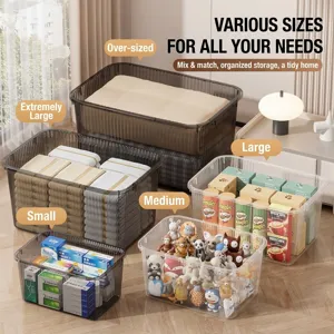 Stackable transparent storage bins in various sizes for home organization