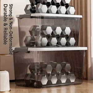 Large transparent stackable storage bins with heavy-duty weight capacity and reinforced design