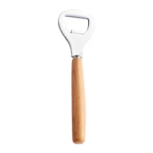 Classic stainless steel bottle opener with an ergonomic wooden handle for beer