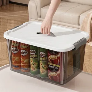 Large transparent storage box with hidden handle for home clothes and snack organization