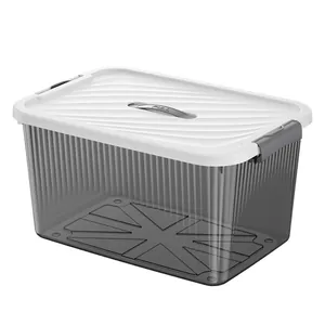 Large transparent grey plastic storage box with white lid for home organization