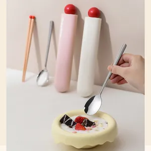 Portable stainless steel spoon with dopamine style pink cutlery storage case for students.