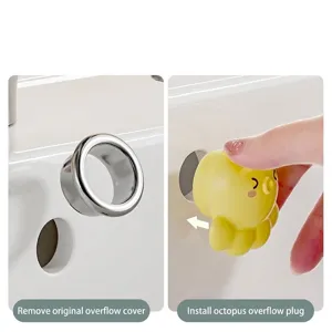 Yellow octopus overflow hole plug for bathroom sinks, easy two-step installation.