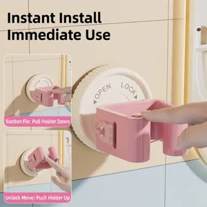Strong suction cup mop and broom holder wall mounted for punch-free bathroom organization