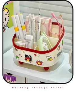 Detalle de un bonito organizador de escritorio de 6 compartimentos con borde rojo