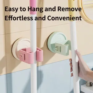 Pastel suction cup mop holder wall mounted no-drill broom organizer for bathroom