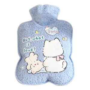 Adorable light blue plush hot water bottle with a cartoon cat and bear printed cover