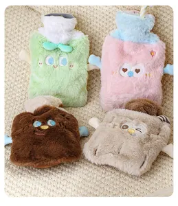 Group of cute cartoon plush hot water bottles in green, pink, brown, and beige colors.
