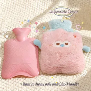 Soft plush hot water bottle with pink PVC liner and cute removable cartoon cover