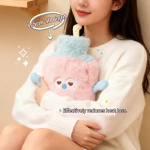 Cute plush milk tea shaped hot water bottle with soft cover held by a girl for warmth
