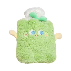 Cute light green plush hot water bottle with embroidered cartoon face for hand warming