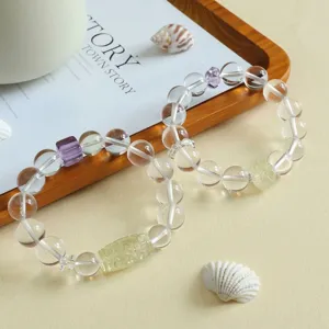 Natürliche Citrin Amethyst Weißer Kristall Perlen Armband Für Damen Nische Design Neun-Augen-Dzi Lotus Charm Elastisches Armband Zen Schmuck