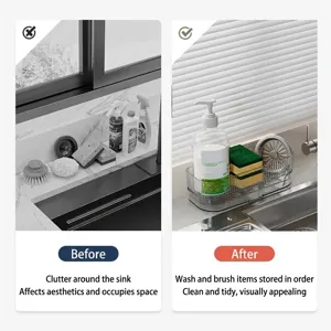Kitchen sink countertop organizer shelf for sponges and soap bottles before and after