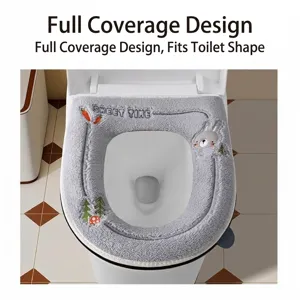 Soft gray plush toilet seat cover with cute bunny embroidery and Sweet Time text for winter