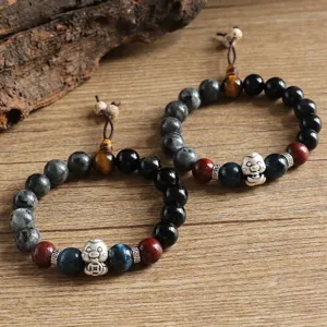 Handmade Natural Black Agate Blue Tiger Eye Beaded Bracelet For Men Women Fine Silver Zodiac Snake Fortune Charm Ethnic Jewelry