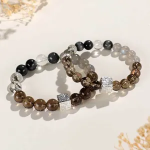 Natur-Rauchquarz und graues Mondstein-Perlenarmband mit Silberanhänger