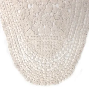 Macro detail of beige cotton lace collar with intricate 3D hollow floral embroidery